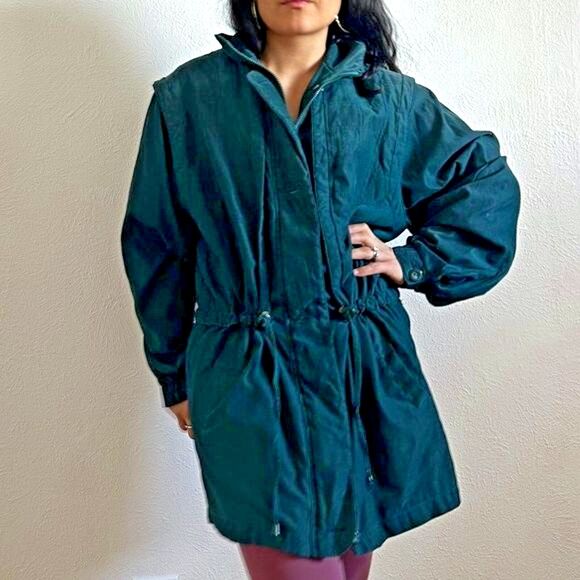 vtg retro 90s London Fog Parka Jacket green chore coat Anorak Large‎ drawstring - Picture 5 of 14